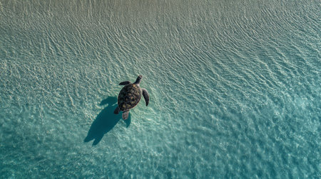 A serene image showcasing a solitary sea turtle gracefully swimming in clear turquoise water above a sandy beach, capturing the essence of nature.の素材