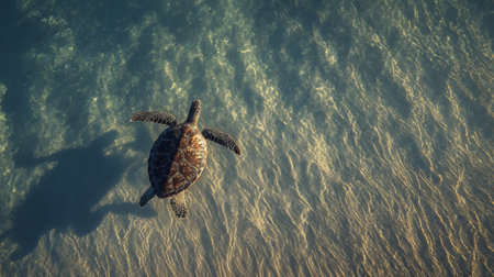 A stunning aerial view of a sea turtle gracefully swimming over clear blue waters, showcasing its natural beauty and peaceful habitat beneath the sun.の素材