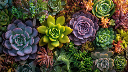 This stunning image features a diverse arrangement of colorful succulents showcasing unique textures and shapes, perfect for nature lovers and decor enthusiasts.の素材