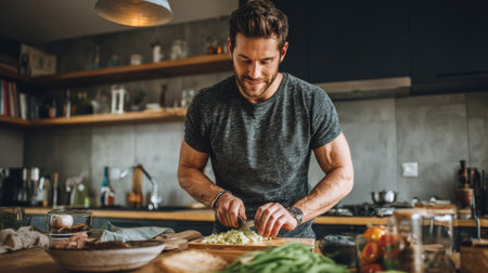 A young man passionately prepares fresh vegetables in a stylish modern kitchen, showcasing his love for cooking and healthy eating habits with a smile.の素材