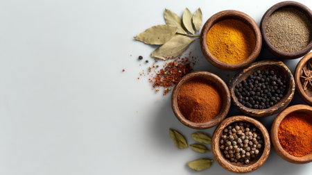 An artistic arrangement of various spices displayed in wooden bowls on a white tabletop. Showcasing vibrant colors and textures, these organic ingredients highlight the essence of culinary creativity. Perfect for cooking enthusiasts and food photographers.の素材