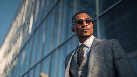 A confident businessman wearing a stylish suit and sunglasses stands against a modern glass building, embodying professionalism and style.の素材