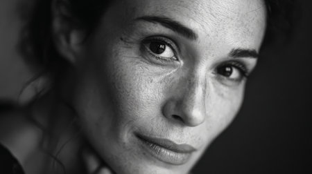 This stunning black and white portrait captures the beauty and depth of a woman's expression, highlighting her thoughtful gaze and unique features.の素材