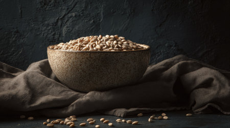 A captivating arrangement of a textured bowl filled with seeds, set on a soft fabric, showcasing earthy colors and organic elements for culinary inspiration.の素材