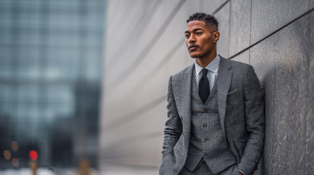 A stylish young man in a tailored suit poses confidently against the backdrop of a modern building, showcasing sophistication and urban fashion sense.の素材