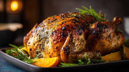 A beautifully roasted chicken is served on a rustic platter, adorned with fresh herbs and orange slices, perfect for family gatherings and holiday feasts.の素材