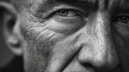 A striking black and white close-up portrait of an older man, showcasing deep lines, expressive eyes, and raw emotion, inviting viewers into his narrative.の素材
