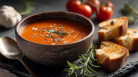 A rustic bowl filled with creamy tomato soup garnished with herbs, complemented by toasted bread and fresh garlic, perfect for a wholesome meal.の素材