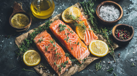 This image showcases fresh salmon fillets garnished with lemon slices, herbs, and spices on a rustic table, perfect for cooking enthusiasts seeking vibrant meal inspiration.の素材