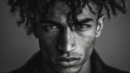 A striking black and white portrait of a young man with curly hair and freckles, exemplifying intense emotions and captivating facial features through dramatic lighting.の素材