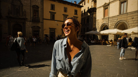 A joyful young woman expresses delight while enjoying a sunny day in a historic European square, surrounded by charming architecture and lively activities.の素材