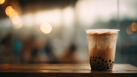 A beautifully presented cup of bubble tea featuring layers of creamy goodness and tapioca pearls, set on a wooden table in a cozy cafe atmosphere.の素材