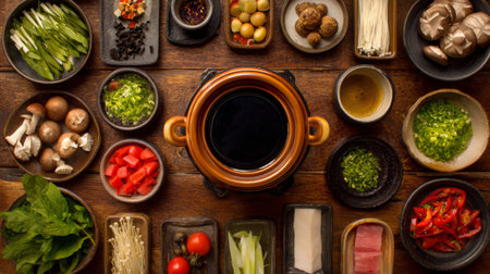 A vibrant display of assorted fresh ingredients, including vegetables, mushrooms, and sauces, perfect for preparing a delicious Asian hot pot at home.の素材