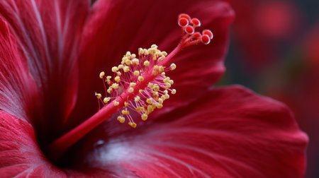 This stunning close-up photograph captures the intricate details of a vibrant red hibiscus flower, showcasing its striking stamen and pollen.の素材
