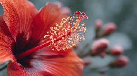 A stunning close-up of a vibrant red hibiscus flower, showcasing its delicate stamen against a soft natural background, perfect for floral themes.の素材