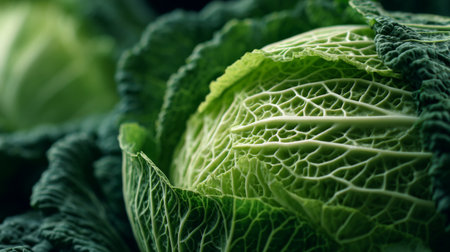 This close-up image features a fresh green cabbage with intricate textured leaves, representing a healthy, organic lifestyle and vibrant nutrition.の素材