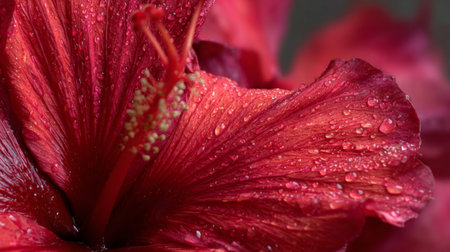 A stunning close-up view of a red hibiscus flower featuring glistening water droplets that highlight its intricate petals, showcasing natural beauty.の素材