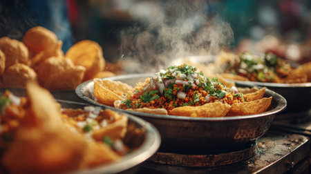 Experience the vibrant allure of street food with this steaming plate of spicy snacks topped with fresh herbs, set in a bustling market atmosphere.の素材