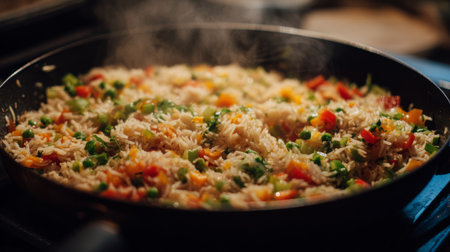 This vibrant image showcases a delicious vegetable fried rice dish, with colorful ingredients and steam rising from a hot frying pan. Ideal for culinary projects.の素材