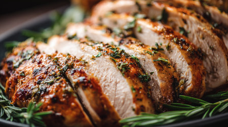 A beautifully presented dish featuring juicy sliced chicken breast garnished with fresh rosemary. Ideal for cooking or dining scenes, this image showcases the vibrant colors and textures that elevate any meal. Perfect for culinary inspiration.の素材