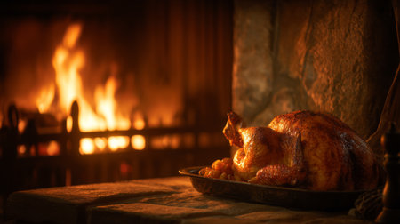 A beautifully roasted turkey sits on a platter beside a glowing fireplace, creating a warm and inviting atmosphere perfect for holiday meals.の素材