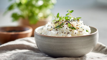 A beautifully arranged bowl of fluffy white rice is topped with fresh herbs and black sesame seeds, showcasing an inviting, healthy meal option.の素材