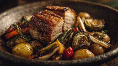 A beautifully arranged serving of roast pork belly accompanied by a variety of colorful seasonal vegetables in a rustic wooden bowl, capturing the essence of home-cooked comfort.の素材