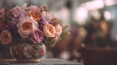 This captivating image features a stunning floral arrangement in a vintage vase, radiating elegance and charm. Soft lighting enhances the beauty of the blooms, making it perfect for home decor or event styling.の素材
