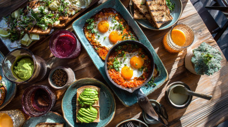 An inviting breakfast spread showcasing eggs, toast, and fresh juices on a rustic wooden table, perfect for food lovers and culinary enthusiasts.の素材
