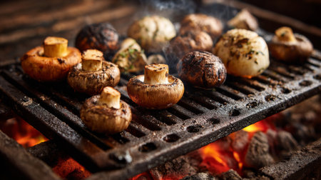 A close-up view of assorted mushrooms grilling on a barbecue, showcasing the rich textures and smoky aroma, ideal for summer meals and outdoor events.の素材