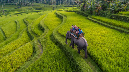 Experience the beauty of nature with an unforgettable elephant ride through the stunning rice terraces, showcasing vibrant greens and serene landscapes.の素材