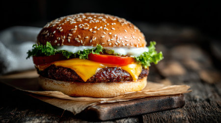 A mouth-watering juicy hamburger featuring melted cheese, fresh lettuce, and ripe tomato, all held together by a sesame seed bun on a rustic backdrop.の素材
