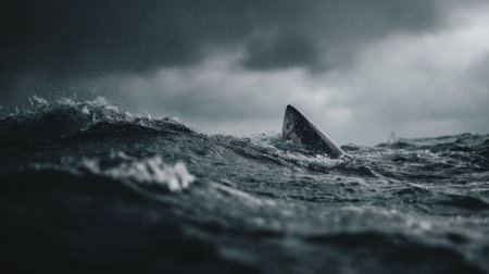 A striking image capturing a shark fin slicing through turbulent ocean waves beneath a dramatic sky, evoking a sense of danger and raw nature.の素材