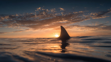 A striking image of a shark fin silhouetted against a stunning sunset, showcasing the beauty of marine life in tranquil ocean waters.の素材