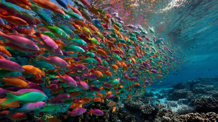 A stunning underwater scene showcasing a school of vibrant, colorful fish swimming gracefully over a coral reef in crystal-clear tropical waters.の素材