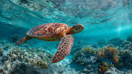 A stunning image of a sea turtle gliding through crystal-clear waters, surrounded by colorful coral reefs, showcasing the beauty of underwater life.の素材