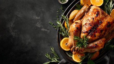 Savory whole roasted chicken garnished with fresh herbs and citrus, perfect for festive gatherings or culinary presentations. Ideal for food lovers.の素材