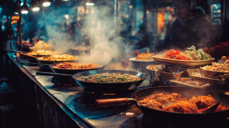 Experience the vibrant atmosphere of a night market, where various delicious dishes are being prepared in a bustling food stall, with steam rising from the pans.の素材