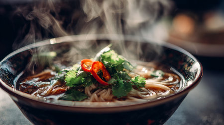 A steaming bowl of noodle soup garnished with fresh coriander leaves and red chili peppers, capturing the essence of comfort and flavor in every bite.の素材