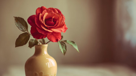 A stunning red rose elegantly placed in a simple vase, radiating beauty and charm. This image captures tranquility and perfect for home decor themes.の素材