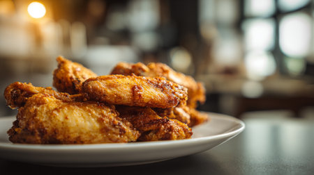 This image features a tempting plate of crispy fried chicken wings, showcasing a golden crust that promises delicious flavor. Perfect for food lovers.の素材
