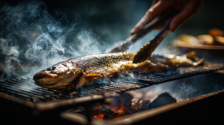 A close-up image capturing the art of grilling fresh fish over a charcoal fire. Smoke swirls around as a chef expertly flips the fish, revealing deliciously charred skin.の素材