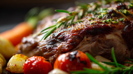 A beautifully roasted meat dish featuring vibrant vegetables and aromatic herbs, perfect for showcasing culinary artistry and deliciousness in food photography.の素材