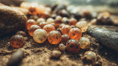 A captivating close-up view of colorful pebbles and bubbles resting gently on sandy underwater terrain, showcasing nature's beauty and tranquility.の素材