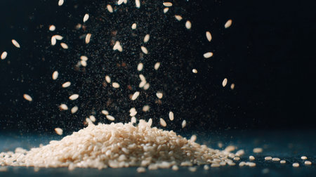 Beautiful closeup of white sesame seeds creating an artistic display as they fall onto a heap, ideal for culinary creations and recipes.の素材
