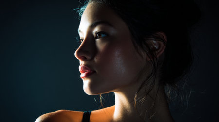 A stunning profile portrait of a young woman showcasing her features in soft lighting against a dark background, evoking elegance and grace.の素材