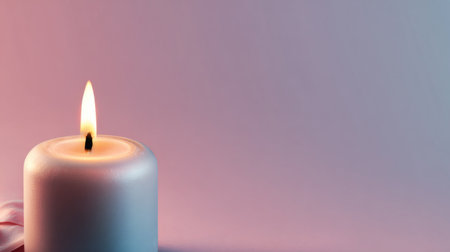 A serene white candle emits a warm glow, creating a tranquil atmosphere against a soft, colorful background. Perfect for themes of relaxation and wellness.の素材