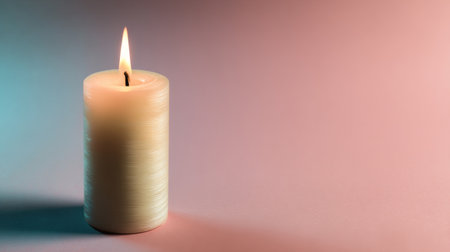 A single flickering candle illuminates a softly colored pastel background, creating a tranquil and calming atmosphere perfect for relaxation and meditation.の素材