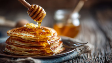 A mouthwatering stack of golden pancakes topped with sweet honey, perfect for breakfast or brunch. Captures the essence of comfort food on a rustic wooden table.の素材