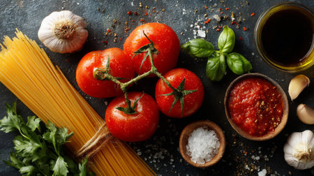 An assortment of freshly sourced ingredients perfect for preparing an Italian pasta dish. Includes ripe tomatoes, garlic, fresh basil, olive oil, and spaghetti on a dark stone surface. Ideal for food photography and culinary artwork.の素材